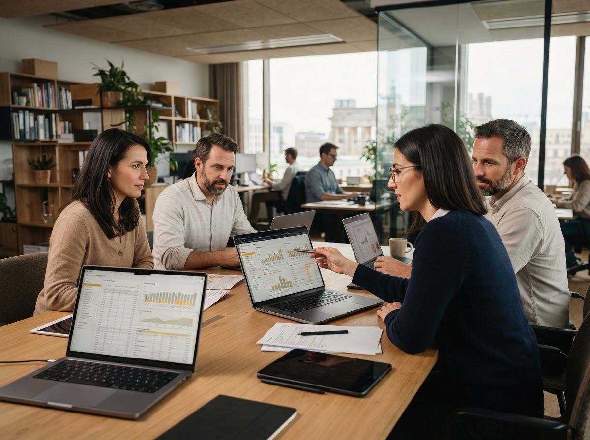 Valorysance analysts reviewing predictive model parameters on a workstation